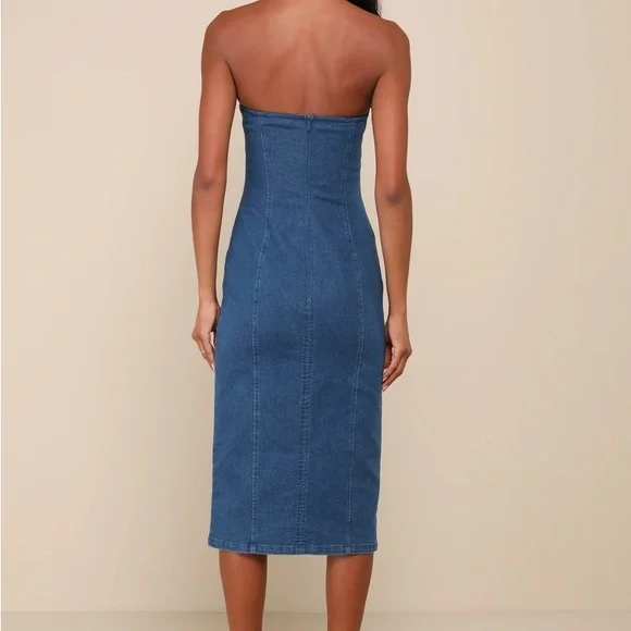 Lulus Utter Perfection Dark Wash Denim Strapless Bow Midi Dress - Picture 2 of 7